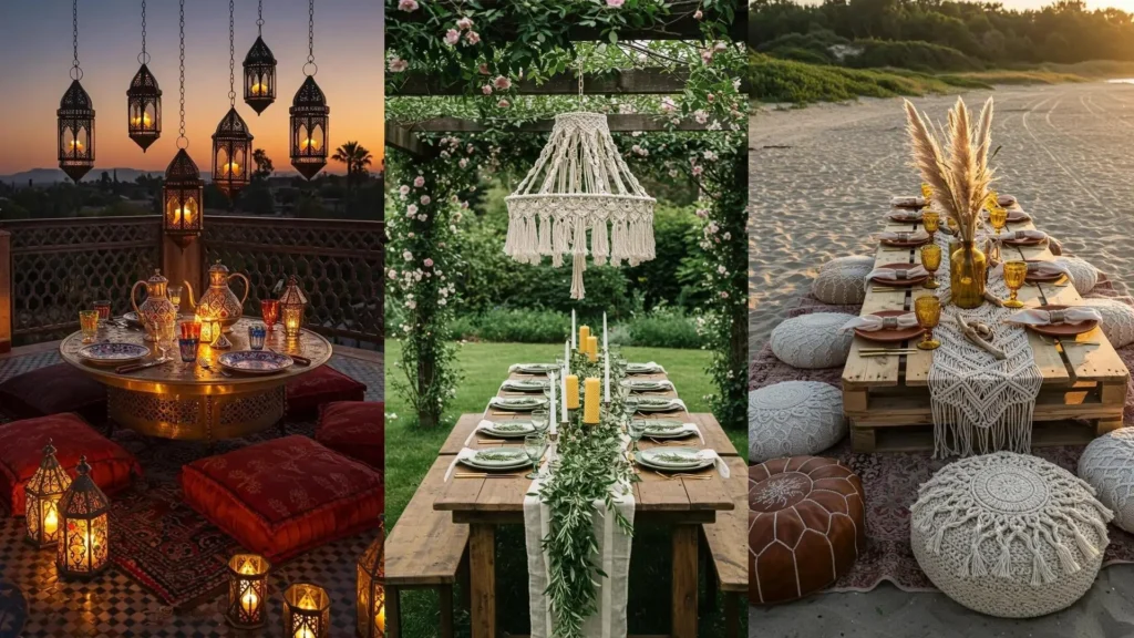 Trois tables bohèmes d'été décorées de macramés, bougies naturelles et vaisselle artisanale. Découvrez nos idées !