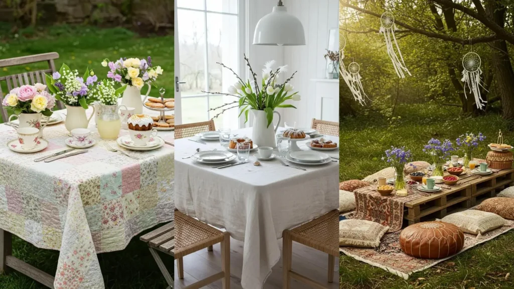 Table de Pâques champêtre avec vaisselle vintage, fleurs du jardin et douce ambiance printanière.