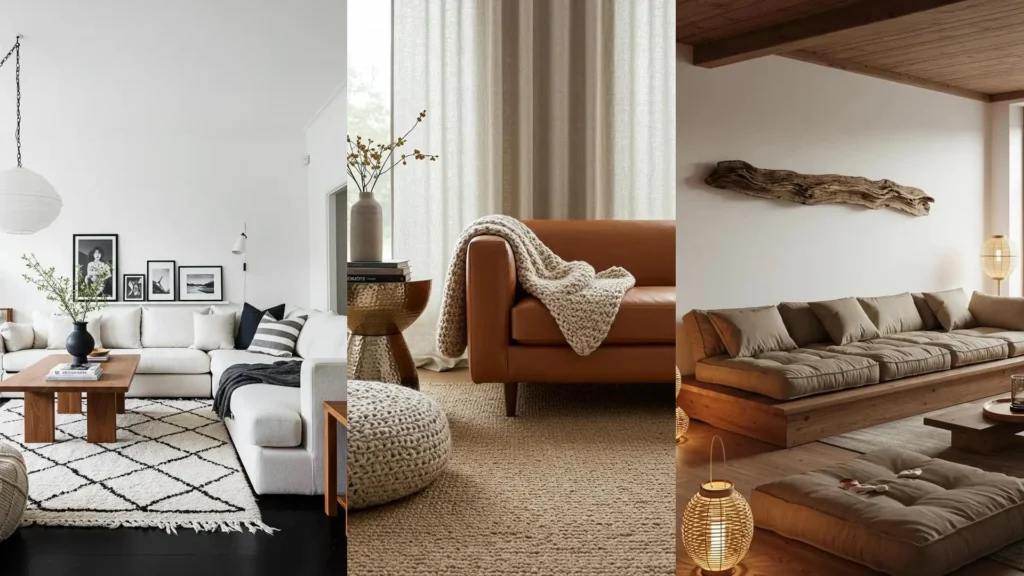 Plusieurs salons bohèmes minimalistes aux tons naturels, textiles doux, bois flotté et plantes verdoyantes.