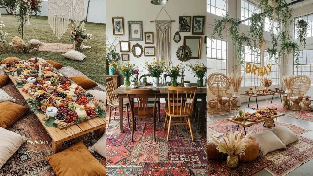 Décoration anniversaire bohème chic avec tapis, macramé, plantes et centres de table naturels. Une ambiance festive et élégante.