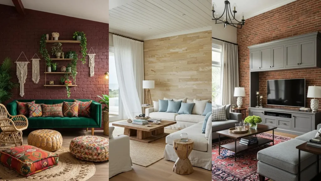 Trois salons modernes avec murs d'accent en briques ou pierres apparentes, offrant des inspirations variées pour le design intérieur.