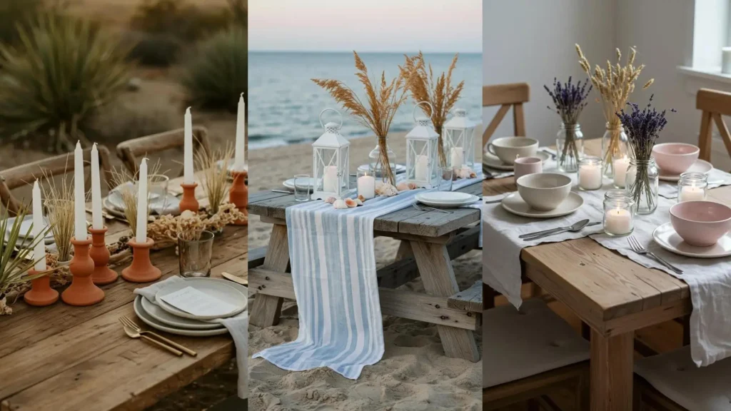 Table rustique chic en bois brut décorée avec des bougies blanches et des herbes séchées, idéal pour les fêtes.