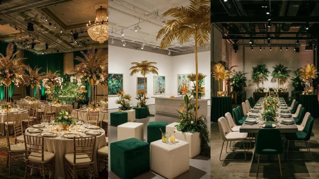 Décoration tropicale chic: palmiers dorés, tables élégantes, vaisselle en bambou et éclairage tamisé pour une fête.