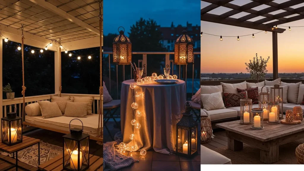 Guirlandes lumineuses et lanternes créent une ambiance bohème chic dans un jardin, sur un balcon et une terrasse.
