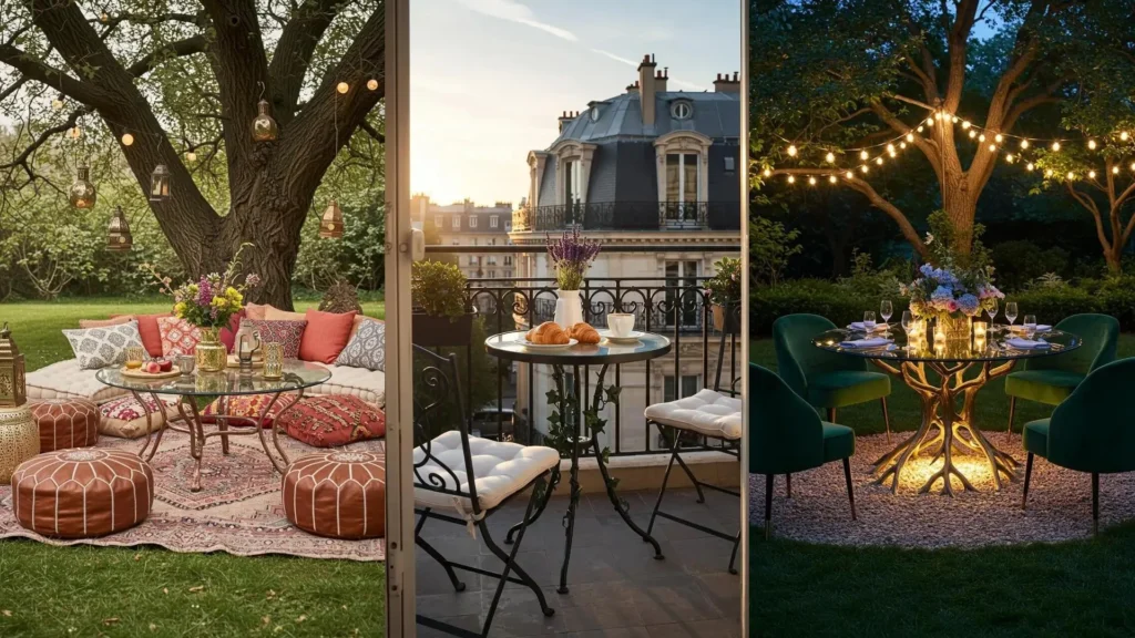 Table d'extérieur ronde en verre avec pieds sculptés illuminée dans un jardin verdoyant la nuit.