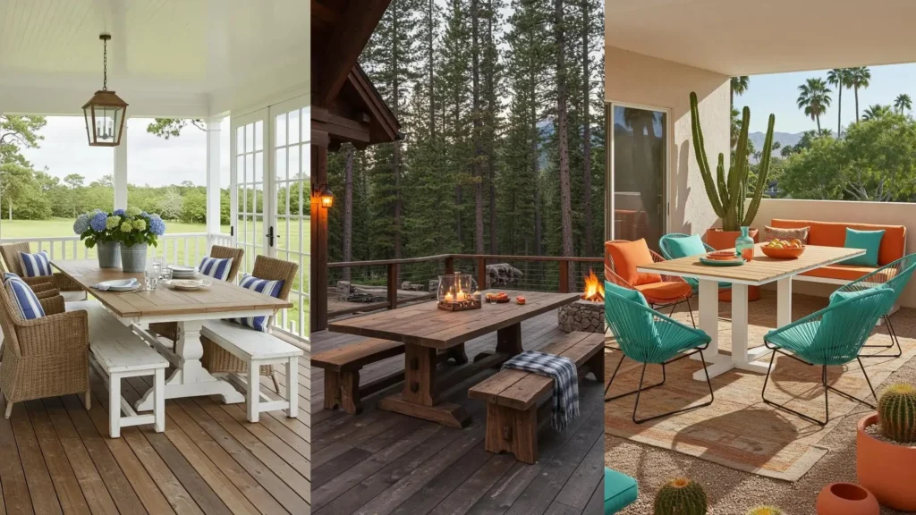 Différentes tables extensibles sur des terrasses d'été pour des repas de famille conviviaux en extérieur.