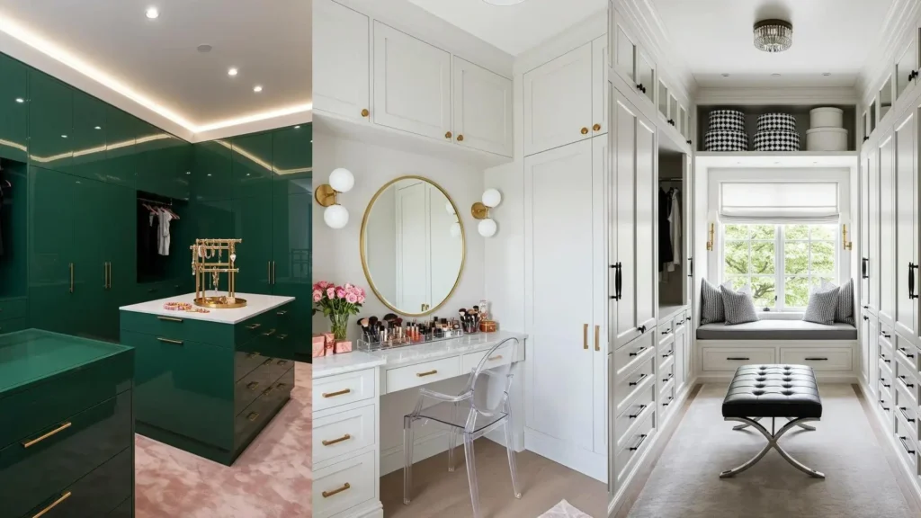 Dressing sur mesure glamour style boutique, avec coiffeuse, miroir rond et rangements pour accessoires élégants.
