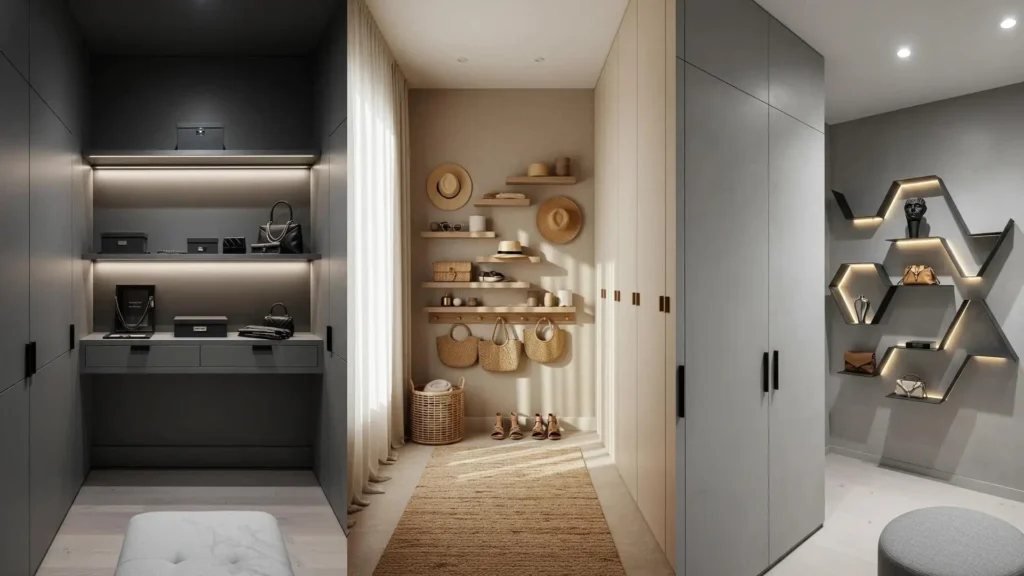 Dressing minimaliste : étagères flottantes lumineuses, portes invisibles et rangements astucieux pour une organisation optimale.