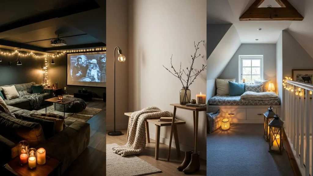 Trois scènes cocooning d'hiver avec plaids doux, bougies parfumées et lumières tamisées pour une ambiance chaleureuse.