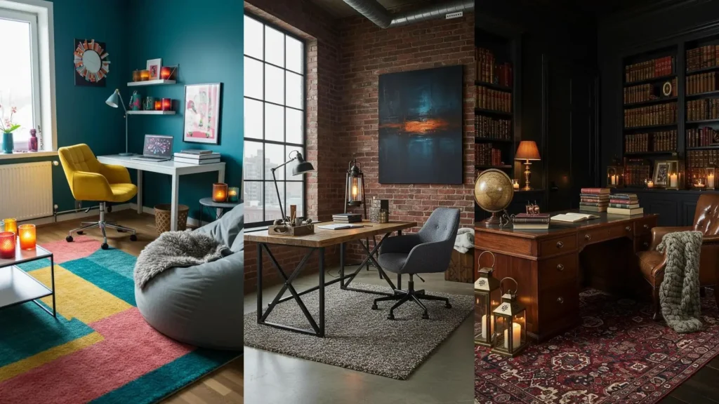 Trois bureaux d'hiver douillets aux couleurs profondes, textures de laine et bougies créant une ambiance chaleureuse.