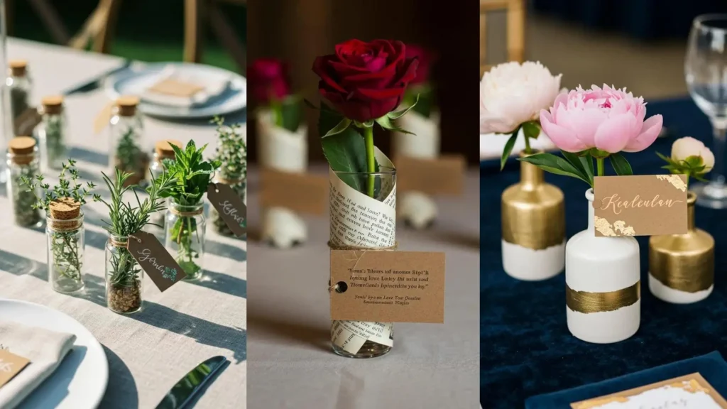 Centres de table mariage DIY : mini vases personnalisés avec herbes, fleurs et étiquettes kraft pour les invités.
