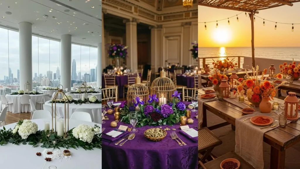 Trois centres de table mariage oriental chic avec lanternes, compositions florales basses et épices décoratives pour une ambiance unique.