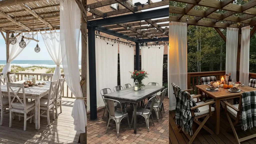 Plusieurs coins repas extérieurs élégants sous pergolas avec des rideaux blancs flottants.