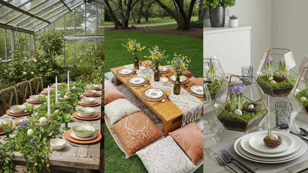 Décoration de table de Pâques printanière avec bouquets pastel, nids d'oiseaux et vaisselle fleurie. Ambiance naturelle.