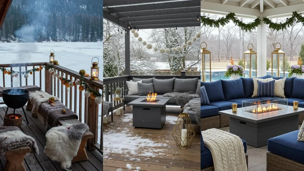 Décors d'hiver cosy avec brasero, guirlandes en laine et lanternes dorées sur des terrasses enneigées.