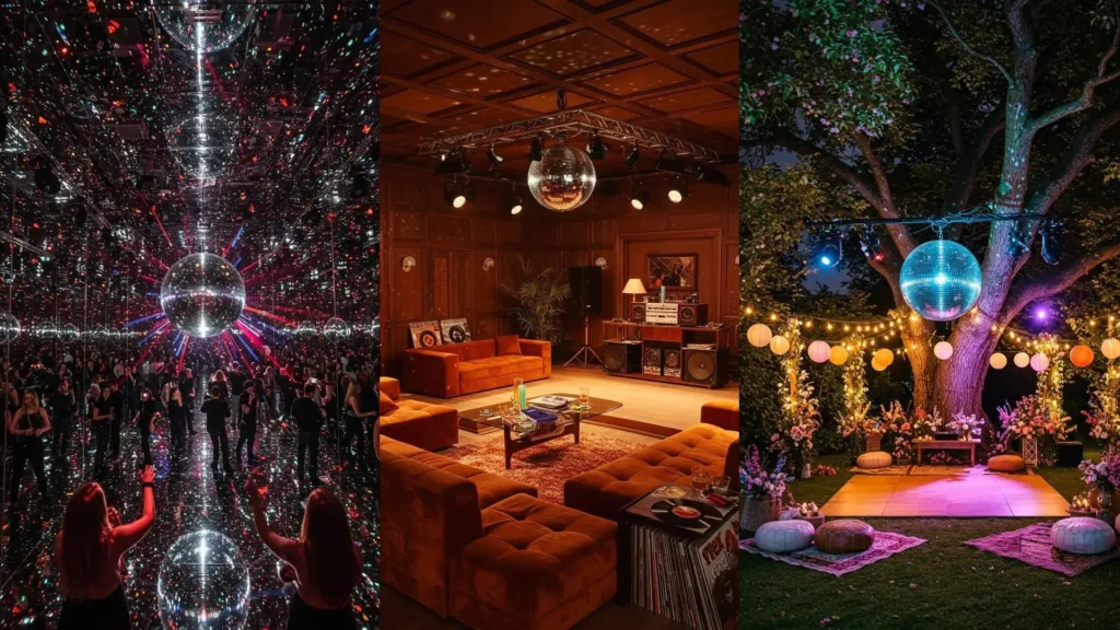 Trois décors disco avec boules à facettes, spots colorés et pistes lumineuses pour une fête mémorable.