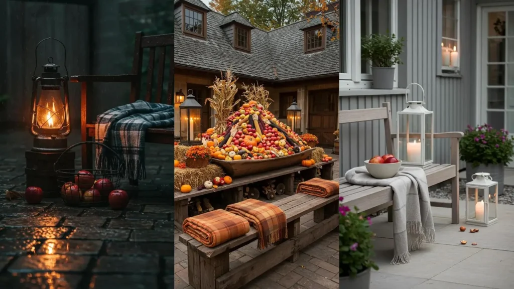 Décorations de cour cosy avec des bancs recouverts de plaids, des pommes décoratives et des lanternes rétro.