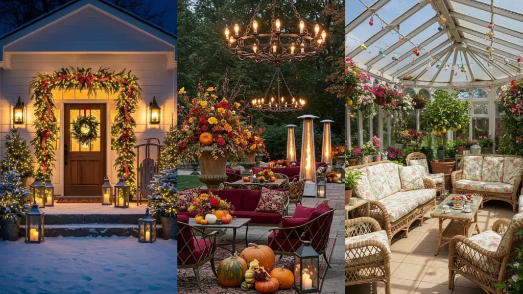 Décorations extérieures saisonnières: ambiance de Noël enneigée, patio d'automne avec citrouilles et salon de jardin fleuri.