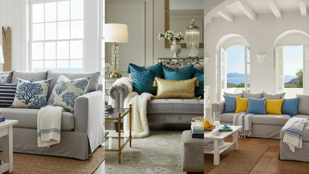 Trois canapés gris sublimés avec des coussins et plaids colorés, dans des salons aux styles variés.