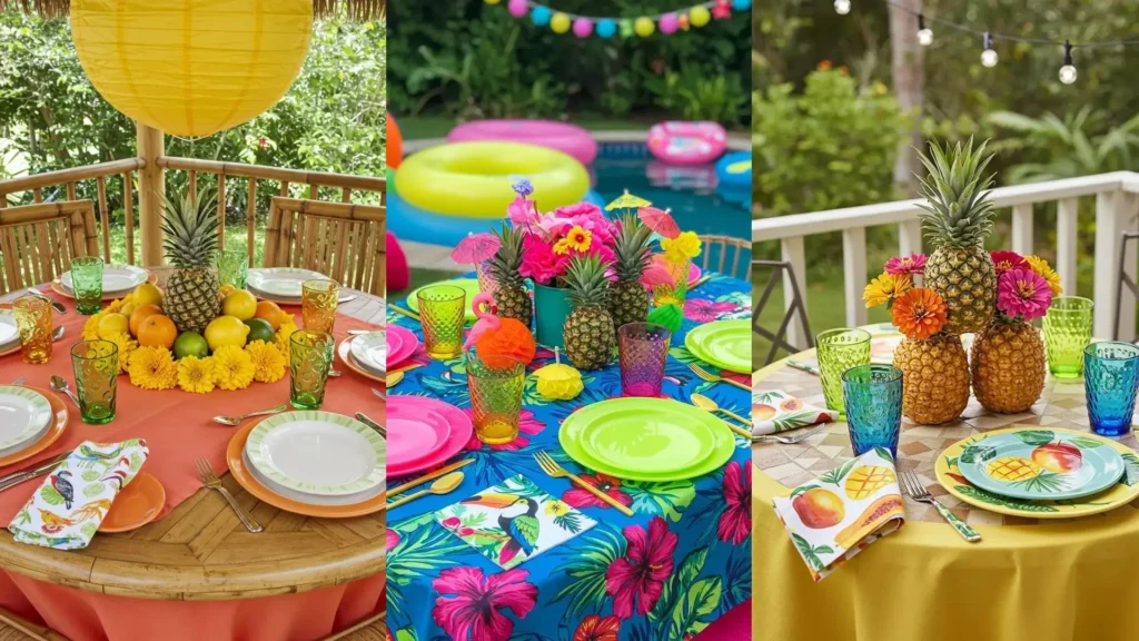 Table tropicale avec ananas en centre de table, serviettes à motifs exotiques, verres colorés et ambiance festive.