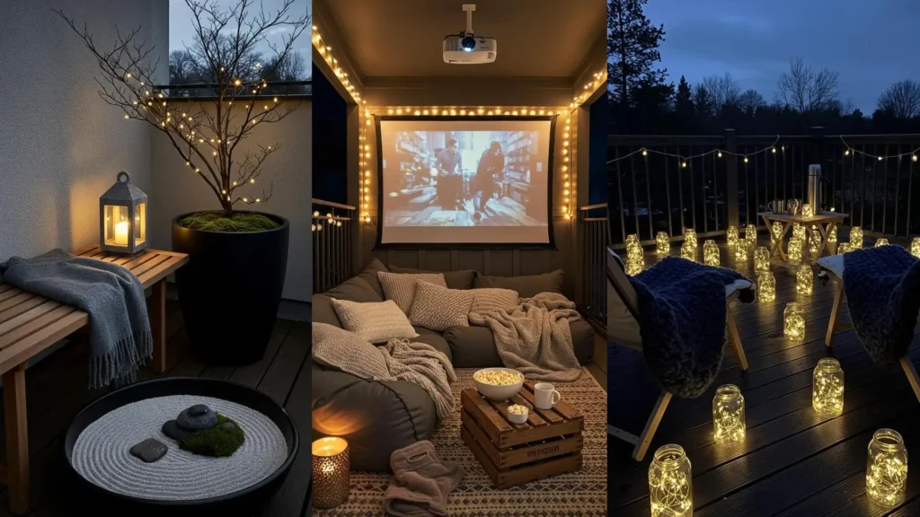 Trois balcons hivernaux cosy avec plaids douillets, guirlandes lumineuses et écran de cinéma extérieur pour une ambiance chaleureuse.