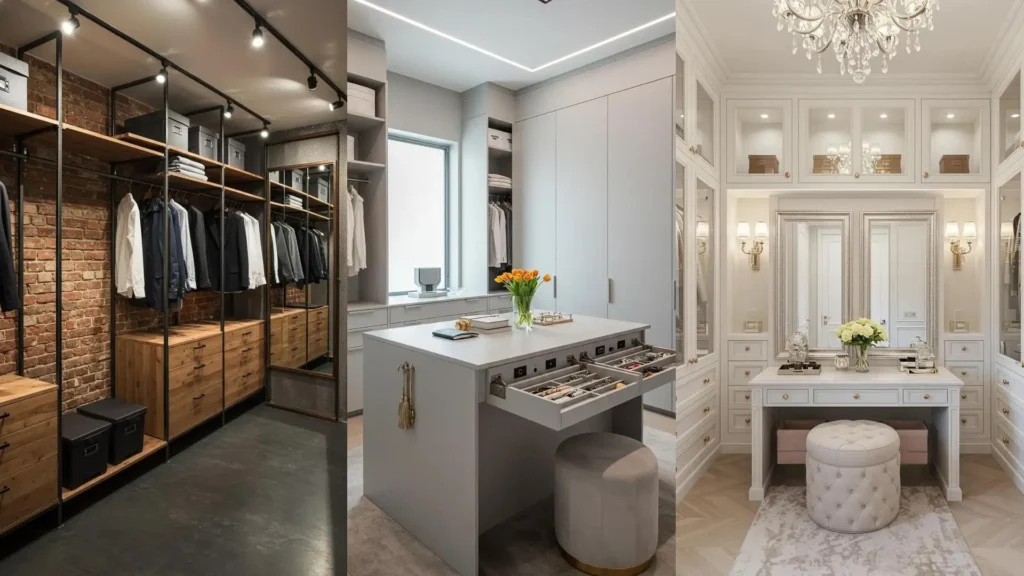 Trois dressings modernes pour couples: rangement astucieux, zones mixtes et coiffeuse élégante.