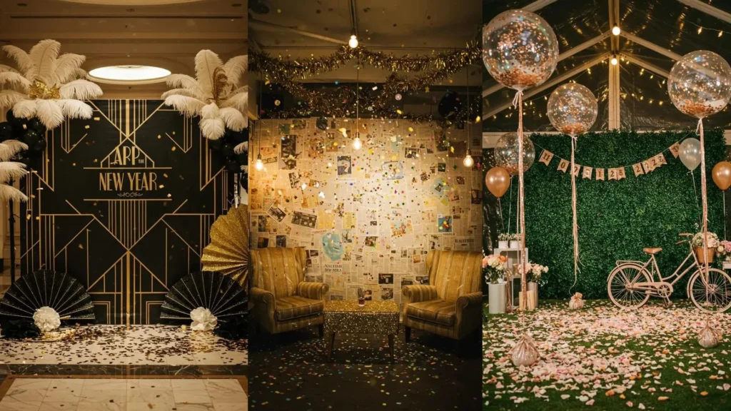 Trois photobooths festifs pour le Nouvel An avec paillettes et confettis au sol, parfaits pour des photos mémorables.