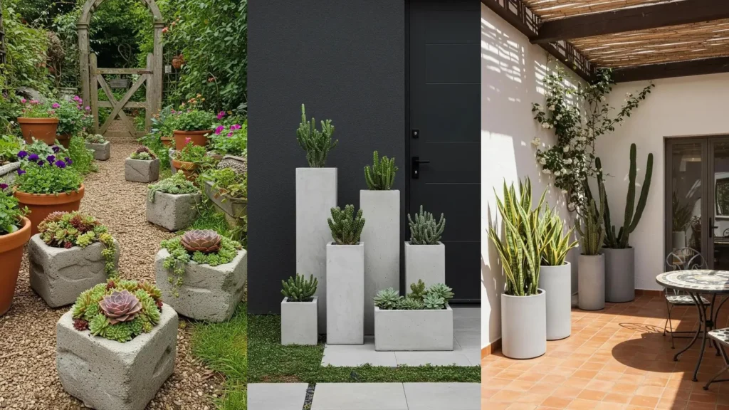 Aménagement extérieur avec pots en béton DIY aux textures brutes, mettant en scène des plantes grasses graphiques.