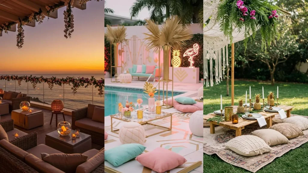 Ambiance festive tropicale avec guirlandes florales, centres de table ananas, bougies et décorations exotiques pour une fête de rêve.