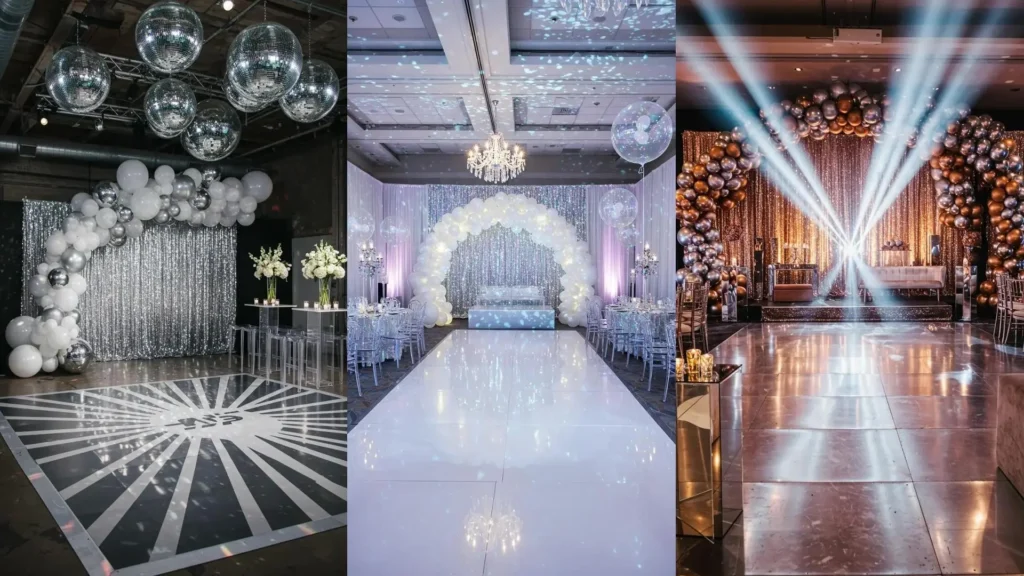 Décorations glamour de bal de promo avec rideaux pailletés, arches de ballons, boules disco et piste de danse lumineuse.