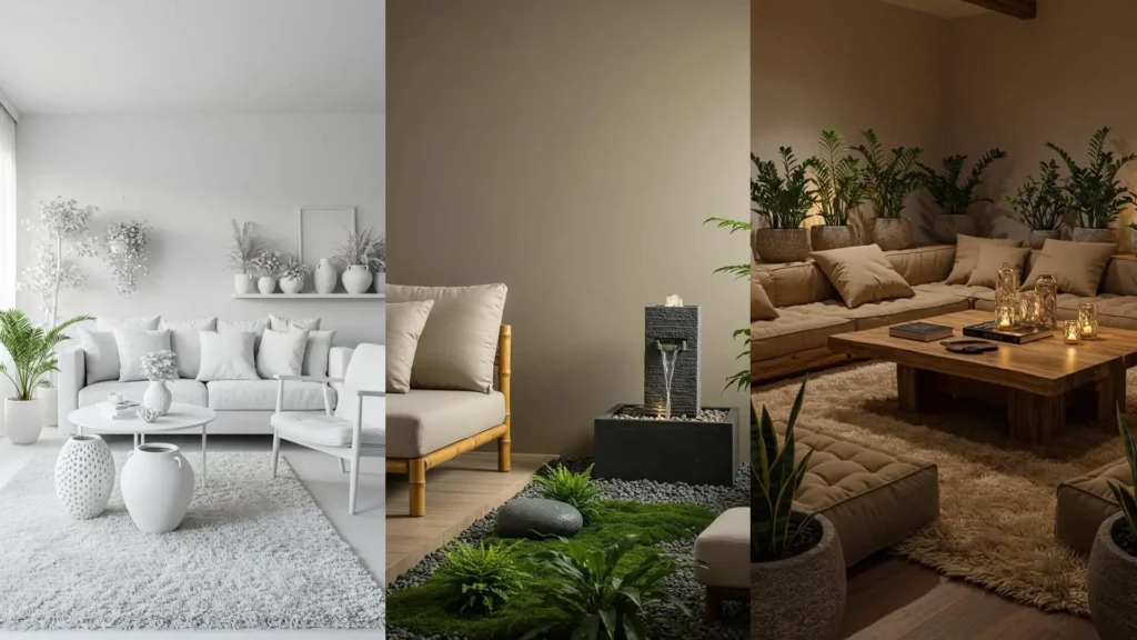 Inspirations de salons zen élégants, avec plantes vertes luxuriantes et matériaux naturels chaleureux.