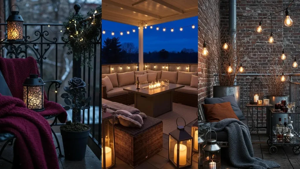 Inspiration balcon d'hiver féerique: guirlandes lumineuses, plaids épais et lanternes créent une ambiance chaleureuse et cosy.