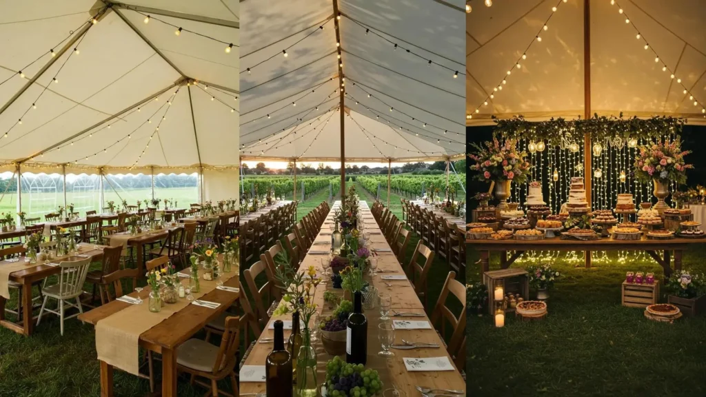 Magnifique décor d'anniversaire champêtre chic sous tente, centres rustiques, table de desserts et guirlandes guinguette.