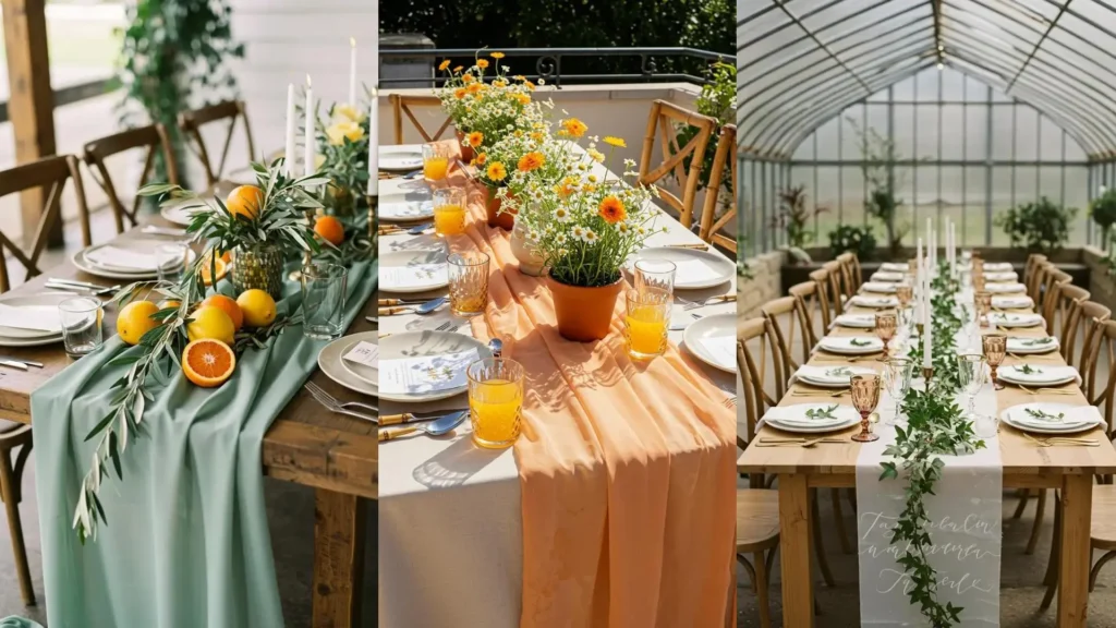 Table de mariage bohème avec nappe en lin, bouquets champêtres et agrumes frais pour une ambiance naturelle.