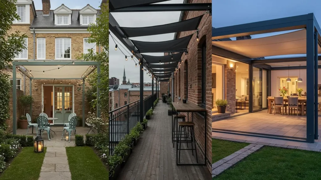 Trois terrasses avec pergolas bioclimatiques modernes, voiles d'ombrage et guirlandes lumineuses pour un décor extérieur élégant.