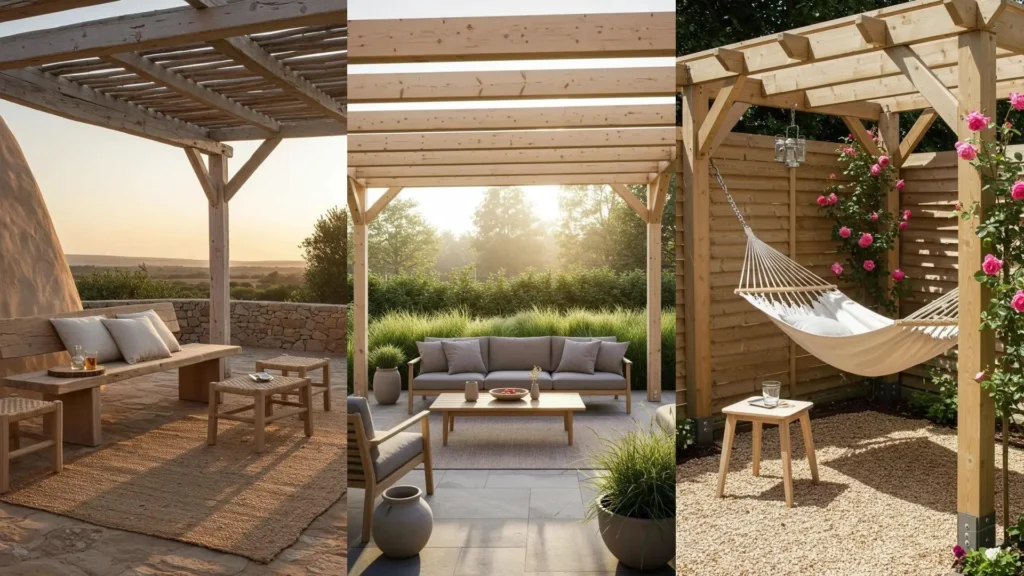 Trois pergolas en bois clair avec mobilier scandinave minimaliste: salon, banc et hamac. Idées déco extérieur.