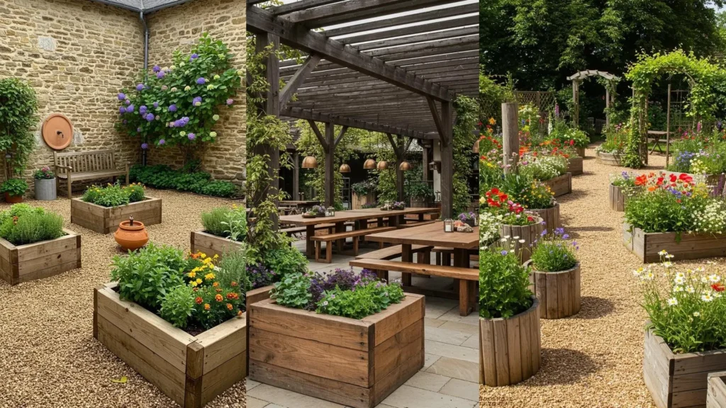 Allée de jardin champêtre avec multiples jardinières design en bois brut et fleurs colorées pour une déco extérieure.