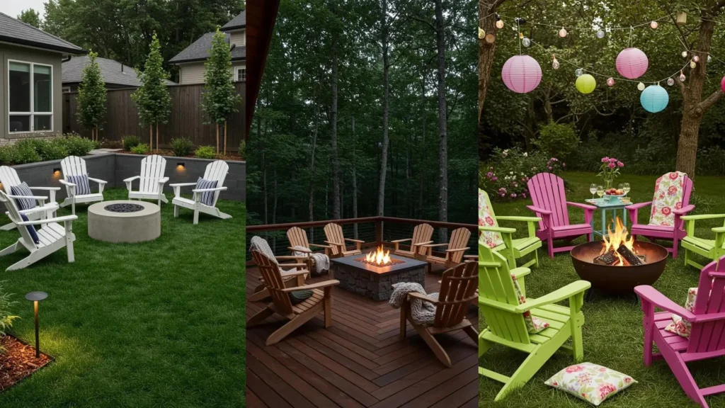 Coins feu extérieur avec fauteuils Adirondack et plaids douillets. Idées pour des soirées cosy en plein air.