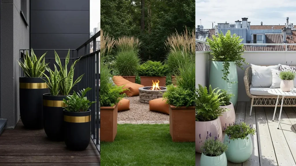 Tendances 2025 : pots pastel, terre cuite et accents métalliques pour balcon et jardin. Couleurs et plantes variées.