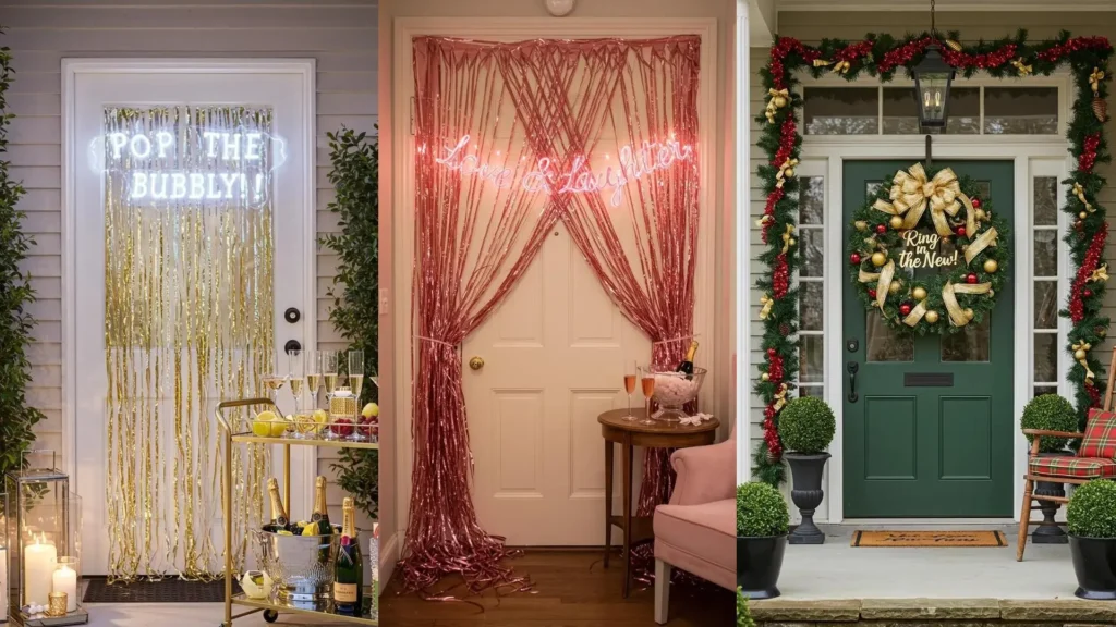Décorations de porte du Nouvel An avec rubans métalliques brillants et messages lumineux "Pop the bubbly" ou "Love & Laughter".