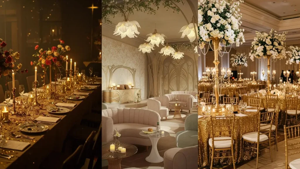 Décoration Gatsby doré avec verres à champagne, perles et élégantes plumes pour une fête années 20.