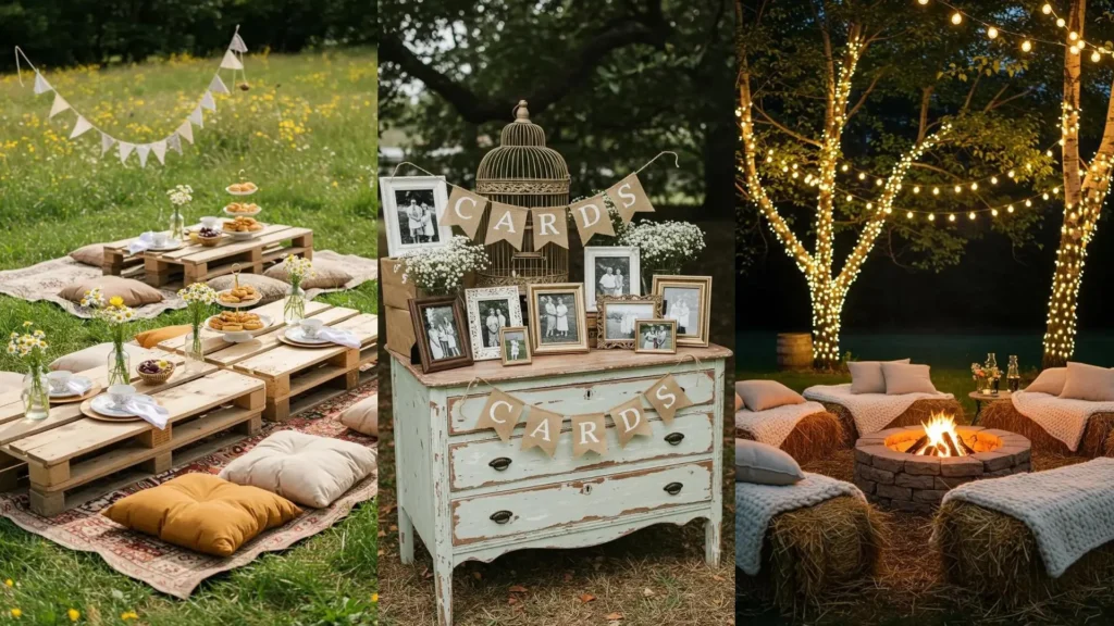 Déco champêtre élégante: chemins de table en jute, bouquets de lavande, vaisselle rustique, lumières et feu de camp.