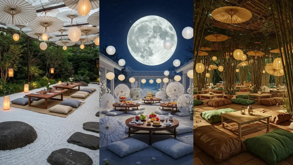 Ambiance asiatique : ombrelles en papier, lampions rouges et tables basses sous un ciel étoilé ou dans la verdure.