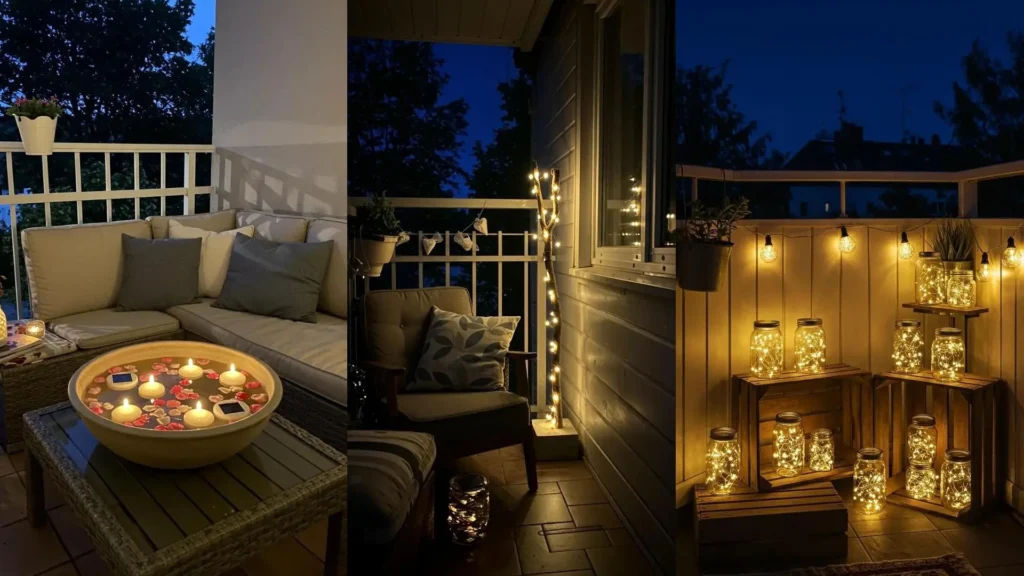 Petit balcon chaleureux éclairé la nuit avec des guirlandes solaires et des bocaux lumineux DIY.