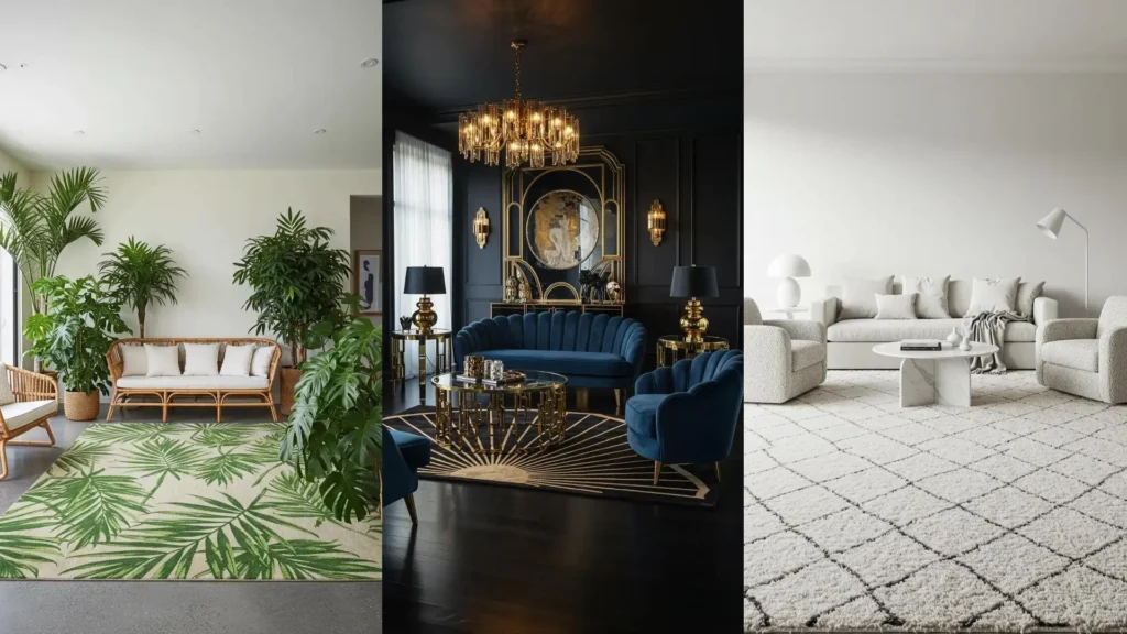 Trois salons élégants avec de grands tapis qui délimitent l'espace, montrant divers styles de décoration intérieure.