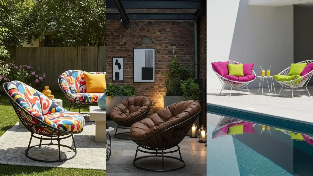 Fauteuils papasan d'extérieur avec coussins moelleux colorés dans un jardin luxuriant et au bord d'une piscine ensoleillée.