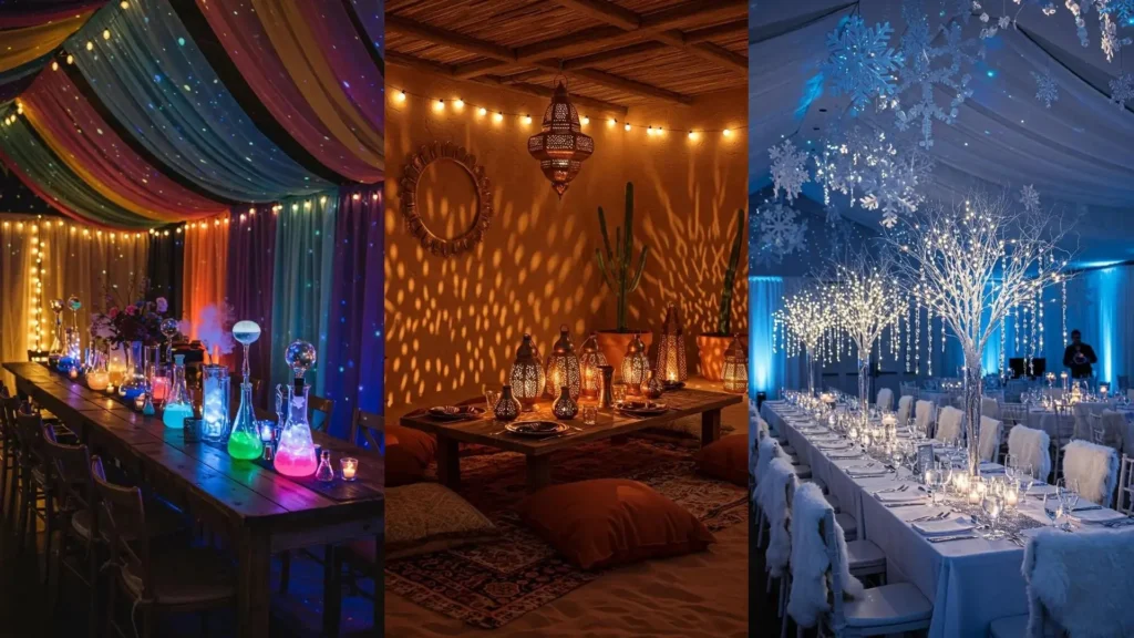 Décorations de table lumineuses pour ambiances nocturnes : laboratoire coloré, lanterne orientale, forêt d'hiver.