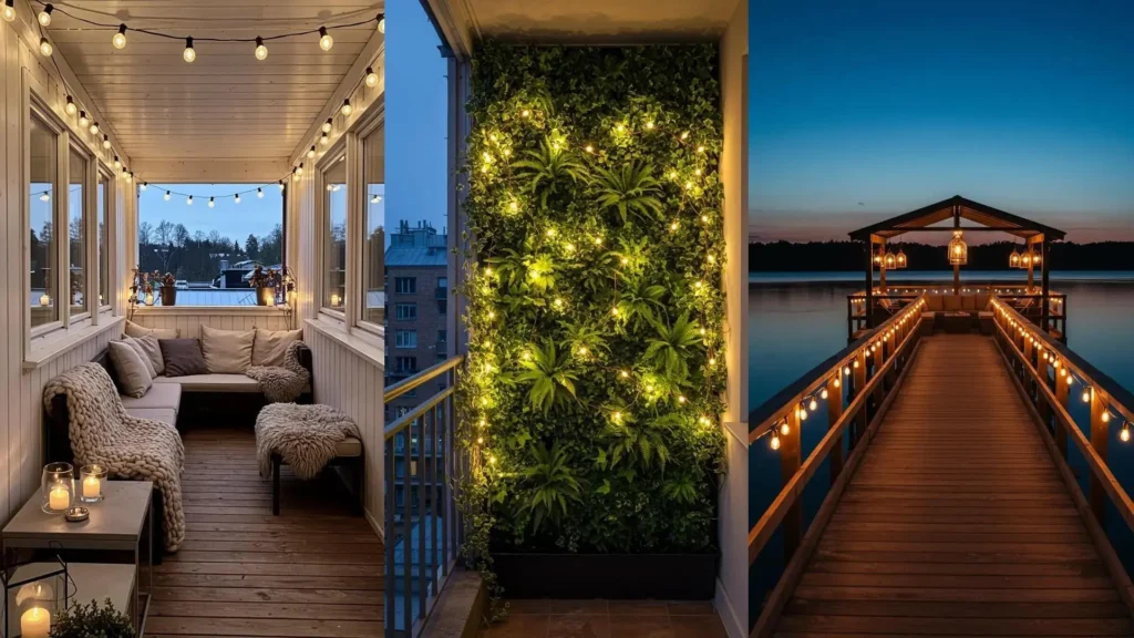 Ambiance cosy en extérieur : terrasse, balcon végétal et ponton avec guirlandes lumineuses et lampions suspendus.