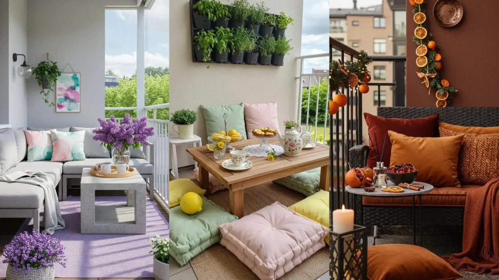Balcons décorés pour chaque saison : pastels printaniers, ambiance estivale et chauds tons d'automne.