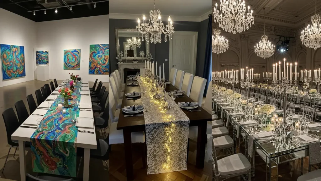 Chemin de table original en dentelle blanche orné de guirlandes lumineuses, bougies et vaisselle élégante pour un dîner festif.